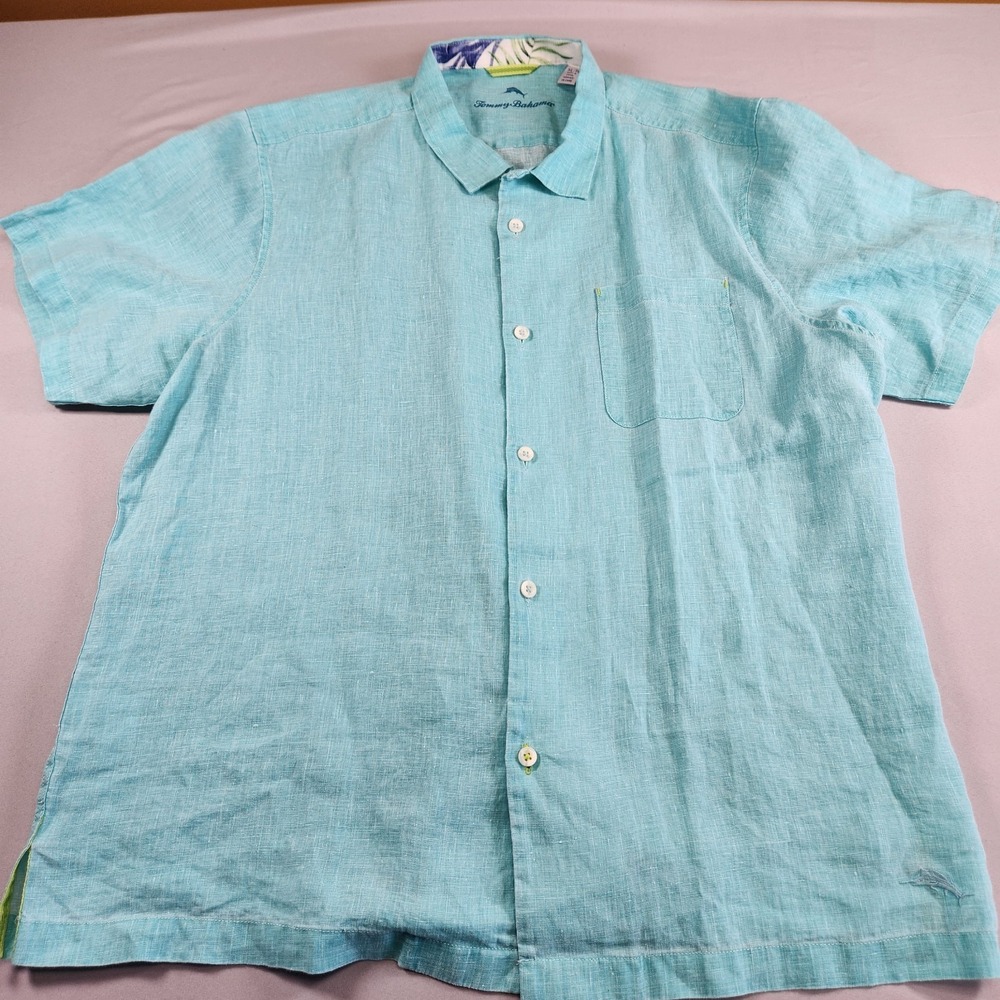 Tommy Bahama Linen Shirt Mens XL Short Sleeve Aqua Turquoise Coastal Resortwear